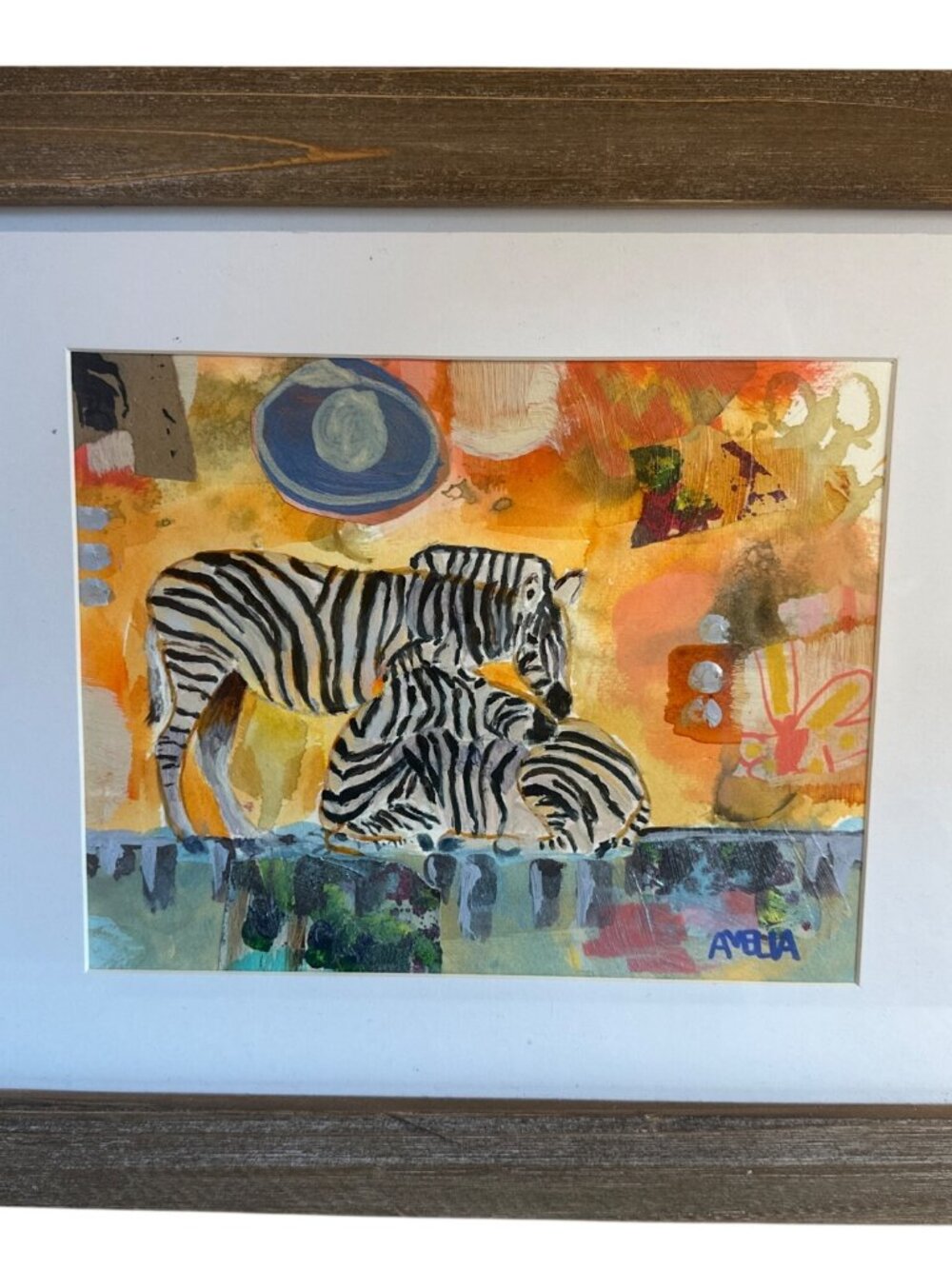 Original Art Framed Zebra Mixed Media Rustic Wooden Frame Home Wall Decor